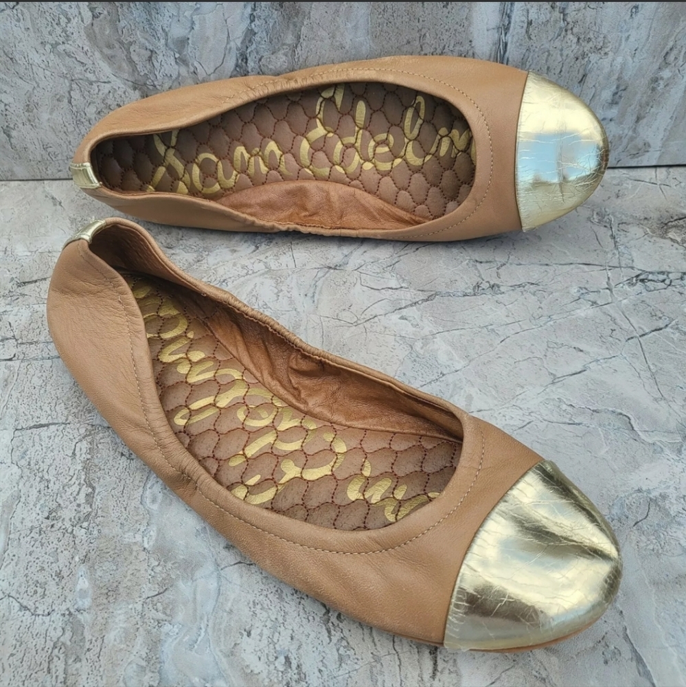 Sam Edelman Women's 7.5 Baxton 2 Tan Leather Gold Cap Toe Slip On Ballet Flats